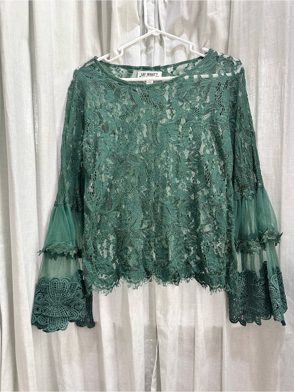 Say What? Teal Green Lace Bell Sleeve Blouse